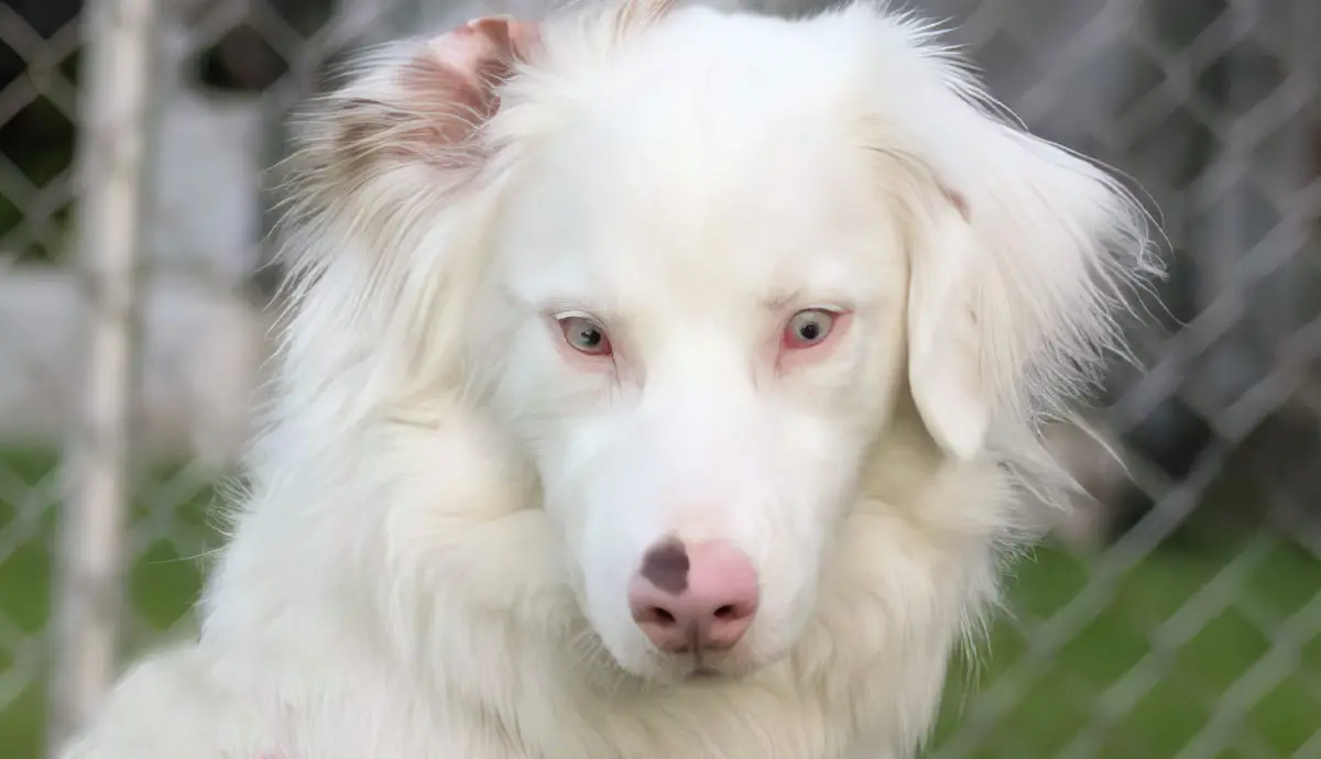Close-up shot of a white Double Merle Dog, showcasing its unique coat pattern and captivating eyes.
